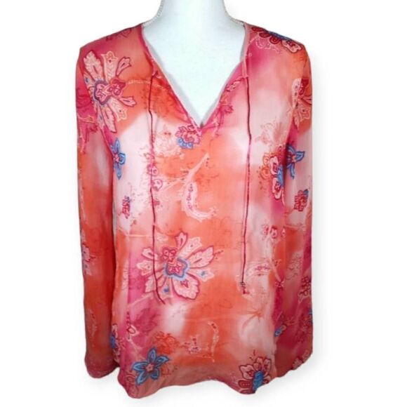 DAISY FUENTES SHEER PINK, ORANGE, & BLUE FLORAL BLOUSE SZ.M EUC - Picture 1 of 6